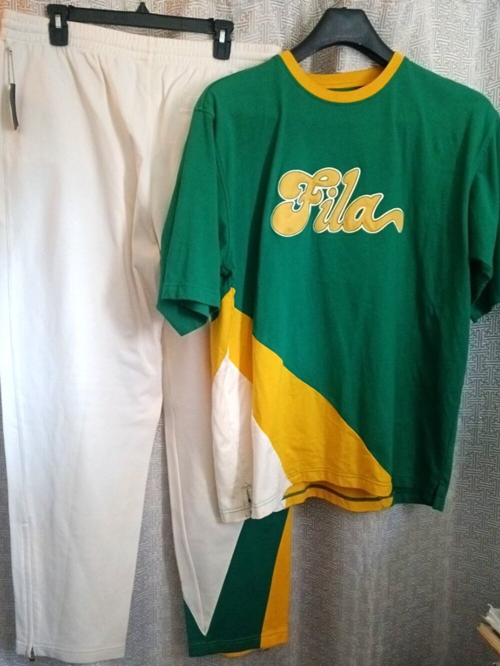 Retro Fila T-shirt, logo, green yellow white matching sweat pants set, SZ XL